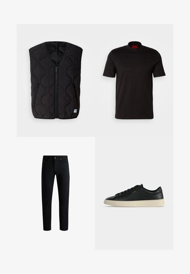 HUGO BOCOLINO - Veste sans manches - black; T-shirt noir à manches courtes avec un design à col haut. Fabriqué en tissu lisse. Présente une étiquette de marque rouge à l'intérieur du col.; Jeans slim noirs avec cinq poches, fermeture à bouton et passants de ceinture, présentés sur un fond blanc.; Baskets basses en cuir noir avec semelle blanche, lacets noirs et petit logo BOSS doré sur le côté.