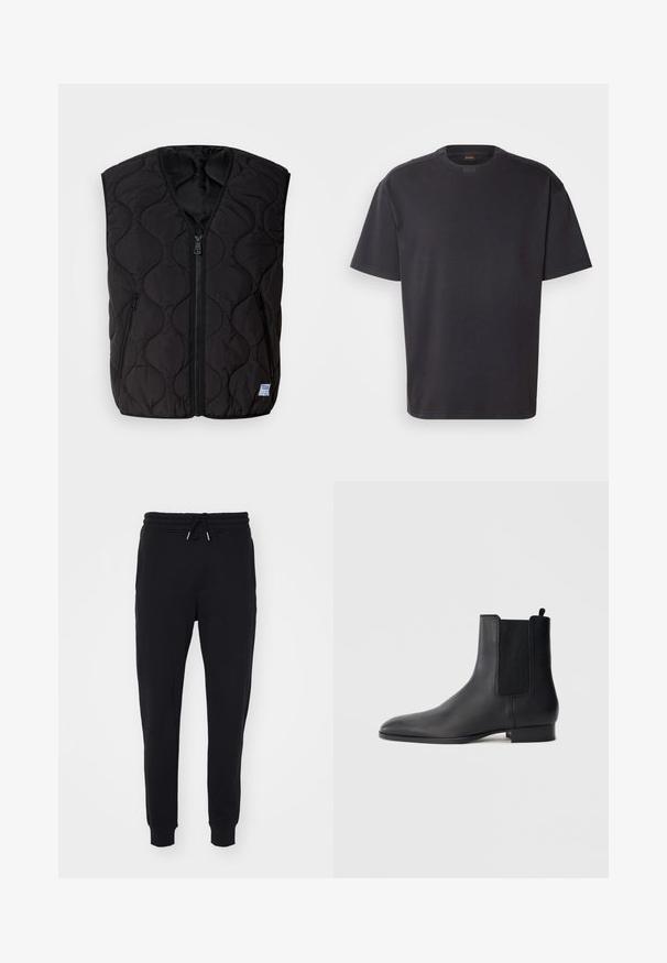 HUGO BOCOLINO - Vest - black; Mustad lühikeste varrukatega must T-särk, mis on valmistatud puuvillast, ümarate kaelustega ja peene brändinguga krael. Sile tekstuur ja mugav lõige.; Mustad mustad, pehmest kangast, millel on elastne vöökoht ja pael, küljetaskud ning kitsenevad varrukad pahkluude juures.; Mustast nahast Chelsea saabastel on elastsed küljepaneelid ja madal kokkupandud konts, esitatud profiililt ühevärvisel heledal taustal.