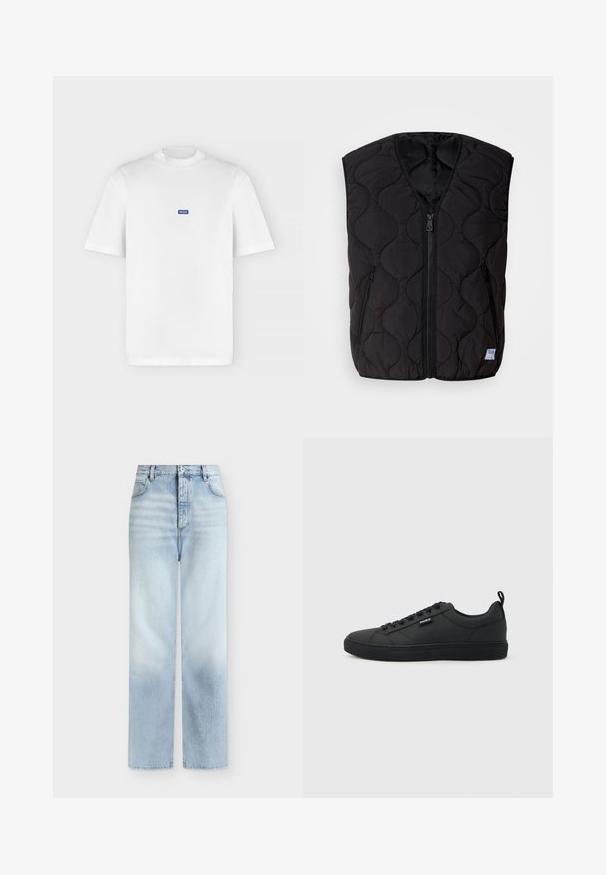 HUGO BOCOLINO - Vest - black; Valge lühikeste varrukatega ümara kaelusega T-särk, mille rinnal on keskel väike sinine ristkülikukujuline "HUGO" logo.; Hele sinised kõrge vöökohaga sirged teksapüksid esitaskute, vööaasade ja nööpkinnisega.; Mustad madala paljaga tossud paelaga kinnitusega, tasasel taldal ja väikese "HUGO" sildiga küljel, näidatud profiilis heledal taustal.