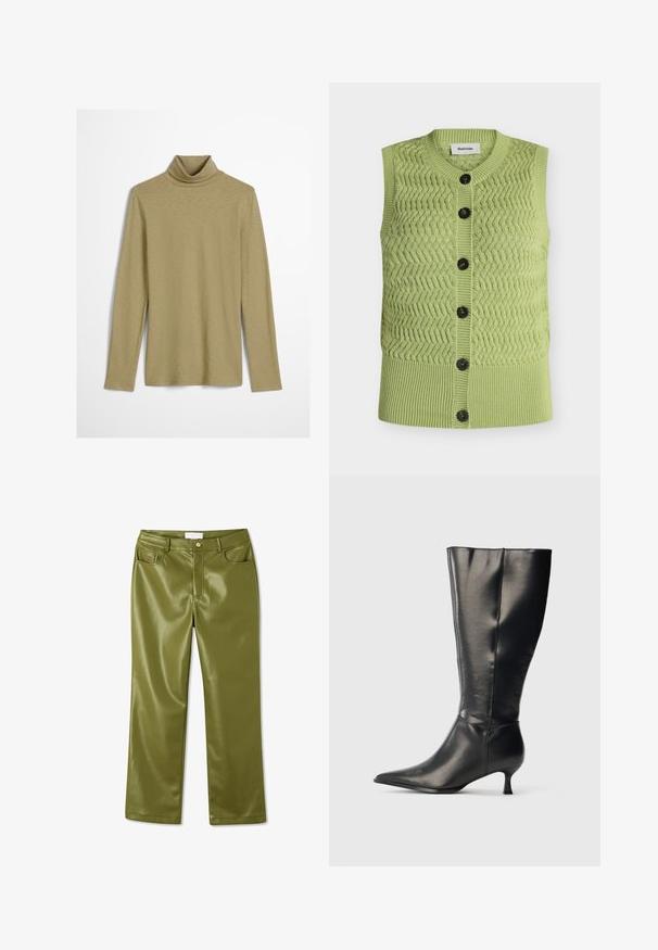 Chaleco sin mangas de punto verde claro con patrón de zigzag, bajo acanalado, escote redondo y seis botones oscuros en la parte delantera.; Top de cuello alto de manga larga en un verde oliva claro, con un ajuste ceñido y una tela suave, ligeramente texturizada, sin adornos.; Pantalones de cuero sintético de color verde oliva, de talle alto, con una textura suave, cuatro bolsillos y cierre de botón en la parte delantera. Diseño de pierna recta.; Bota negra de cuero hasta la rodilla, con punta afilada y tacón bajo tipo kitten, mostrada sobre un fondo claro y sencillo.