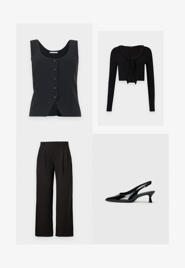 Chaleco ajustado negro sin mangas con escote en U y cinco botones delanteros, con un pequeño corte en forma de V en el dobladillo inferior.; Cardigan negro corto de canalé con mangas largas, escote con volantes y detalle de lazo delantero.; Pantalones negros de talle alto y pierna recta con pliegues delanteros y trabillas para cinturón, exhibidos sobre un fondo blanco liso.; Zapatos de charol negro tipo slingback con punta afilada y tacón bajo. Correa ajustable con hebilla en el tobillo.