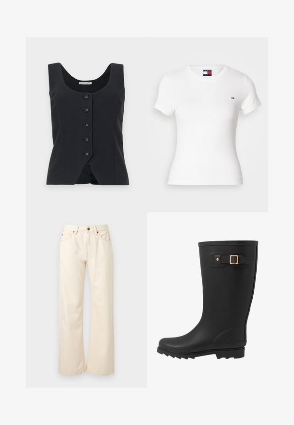 Sort ærmeløs tætsiddende vest med rund udskæring og fem knapper foran, med en let V-udskæring ved bundkanten.; Hvid bomulds t-shirt med korte ærmer, rund halsudskæring, med et lille logo på brystet. Glat tekstur, tætsiddende silhuet.; Off-white bukser med lige ben, foran knap og lynlås, bæltestropper og lommer, vist mod en lys grå baggrund.; Sort gummistøvle med rund tå, tekstureret sål og en sidestrapdetalje med en guldspænde akcent.