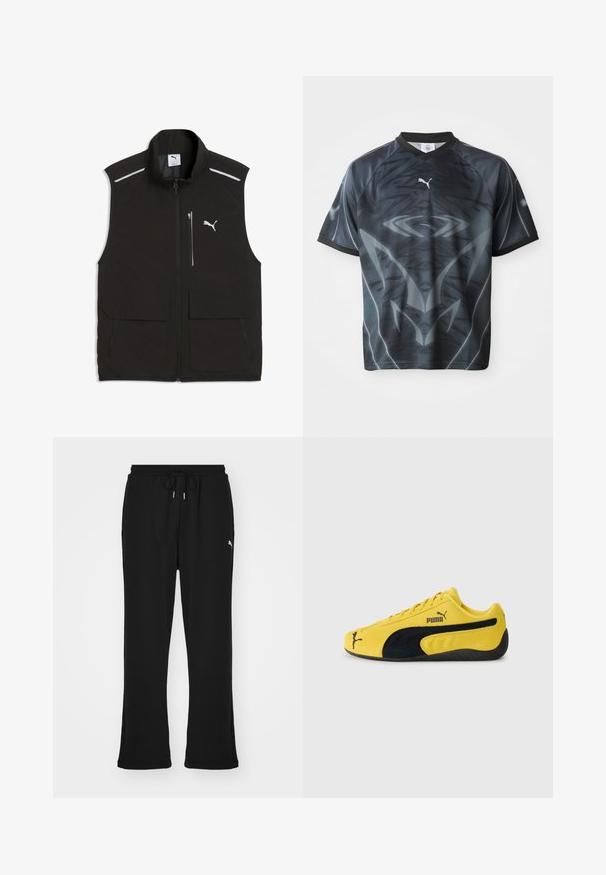 Sort ærmeløs vest med frontlynlås, lynlåslomme på brystet, to store klaplommer, reflekstreger på skuldrene og Puma-logo på brystet.; Kortærmet sort og grå sportstrøje med et tribal-lignende mønster og et lille hvidt Puma-logo på forsiden.; Sorte sweatpants med elastisk talje og snor, med sidelommer og et diskret logo på venstre ben. Blødt stof, flagrende form.; Gul ruskinds sneakers med sorte ruskindsdetaljer. Har en struktureret sål, snørelukning og Puma-logo på siden og tungen.