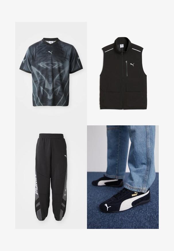 Zwart mouwloos vest met voorrits, ritssluiting borstzak, twee grote klepzakken, reflecterende strepen op de schouders en Puma-logo op de borst.; Korte mouwen zwart en grijs sportshirt met een tribal-achtige patronen en een klein wit Puma-logo op de voorkant.; Zwarte joggers van zacht materiaal. Kenmerken zijn een elastische tailleband, taps toelopende pijpen, grijze accenten en witte logo's op de zijkanten.; Zwarte suède sneakers met witte accenten, voorzien van een gouden logo. Gemaakt met lichtblauwe spijkerbroek en geplaatst op een textuur blauwe ondergrond.