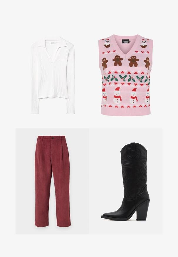 Gilet en tricot rose avec un design en V, décoré de bonhommes en pain d'épices, de bonhommes de neige, de houx et de motifs festifs en rouge et vert.; Haut blanc en tricot côtelé à manches longues avec un col en V et un col, présentant un ourlet légèrement court.; Pantalons en velours côtelé de couleur bordeaux, avec une coupe droite, des plis à l'avant et une fermeture à un bouton. Texture douce.; Simmi London DANIQUE - Bottes à talons hauts - black