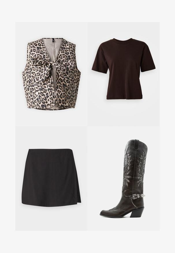 Chaleco de estampado de leopardo con cierre de pajarita, fabricado en un tejido brillante, con dos bolsillos en la parte delantera y un diseño sin mangas.; Camiseta de algodón marrón, de manga corta, con cuello redondo, corte relajado, textura suave, sin patrones ni acentos visibles. Diseño simple.; Falda negra de tejido suave, con un corte recto y una abertura en un lado. Diseño sencillo sin patrones ni adornos.; Bota cowboy de cuero negro con recortes decorativos, hebilla plateada y tacón inclinado, presentada sobre fondo blanco.