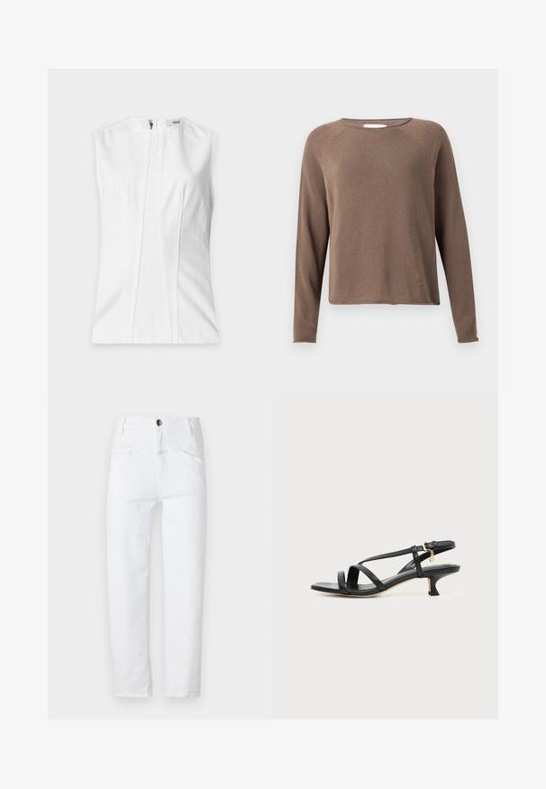 Mouwloze witte blouse met een ronde halslijn, verticale voornaden en een achterrits voor sluiting.; Bruine gebreide trui met lange mouwen, ronde hals en rechte zoom op een eenvoudige lichte achtergrond.; Witte denim jeans met een hoge taille, rechte snit, twee voorkruiszakken en een enkele achterzak. Voorzien van een metalen knoop en rits.; Zwarte leren sandaal met smalle bandjes, lage kittenhak, enkelriempje en een klein gouden hangertje tegen een effen lichte achtergrond.