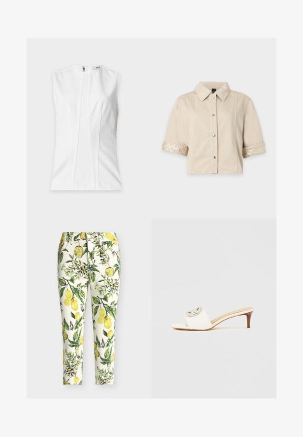 Blouse blanche sans manches avec un col rond, des coutures verticales devant et une fermeture éclair dans le dos.; Chemise beige à manches courtes avec boutons, col et poignets retournés brillants et à motifs sur fond blanc.; Pantalon slim blanc avec imprimé coloré de citrons et feuilles vertes, avec poches avant et fermeture par bouton.; Sandales blanches à talons ouverts, avec une tige lisse, ornées d'un accent métallique circulaire sur la lanière et un talon en bois profilé.