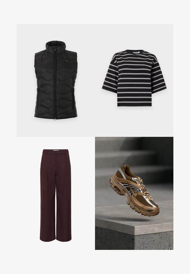 Chaleco negro acolchado sin mangas con cuello alto, cierre delantero con cremallera y un pequeño parche de marca en el pecho izquierdo.; Camiseta negra de manga corta con rayas horizontales blancas y cuello redondo, mostrada sobre un fondo claro y liso.; Pantalones de pierna ancha en burdeos profundo, fabricados con una tela suave. Presentan una cintura alta con pliegues y simples pasadores para un look ajustado.; Zapatilla Nike marrón y beige con detalles de malla y reflectantes flotando sobre un borde de hormigón contra un fondo gris borroso.