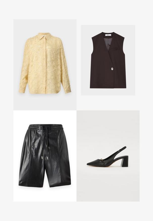 Ærmeløs mørkebrun blazer med enkelt sølvknaplukning og en lille brystlomme, vist på en hvid baggrund.; Lys gul bluse med lange ærmer, struktureret stof med frynset detaljer, knaplukning og markeret krave. Har en afslappet pasform.; Sorte lædershorts med elastisk talje, snøre detail og sidesømme. Glat tekstur med en glansfuld finish.; Sort læder slingback hæl sko med spidse tæer, lille forstrop og blokhæl. Glat tekstur med guld detaljer.