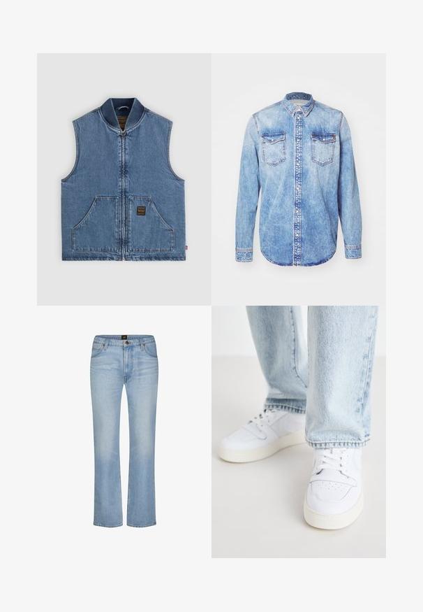 Blauwe denim mouwloze vest met rits aan de voorkant, twee grote zakken, geribde kraag en een klein donker label op de rechterzak.; Lichtblauw denim shirt met lange mouwen, button-down kraag, twee borstzakken en contrasterende stiksels. Afgeronde zoom en klassieke pasvorm.; Lichtblauwe rechte spijkerbroek met voorzakken, riemlussen, ritssluiting en een merkknopsluiting in de taille.; Witte leren lage sneakers met geperforeerde neus, platte veters en een minimalistisch ontwerp. Gecombineerd met lichtblauwe denim jeans.