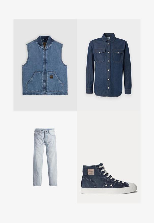 Blaue ärmellose Jeansweste mit Frontreißverschluss, zwei großen Taschen, geripptem Kragen und kleinem dunklem Etikett auf der rechten Tasche.; Dunkelblaues Jeanshemd mit klassischem Kragen, langen Ärmeln und zwei Brusttaschen. Verfügt über weiße Knöpfe und kontrastierende Nähte.; Hellblaue Denim-Jeans mit geradem Bein, Knopfleiste, fünf Taschen und subtilen Verwaschungen. Mit metallischen Hardware-Details ausgestattet.; Marineblaue High-Top-Sneaker mit weißen Schnürsenkeln, weißer Gummisohle, Metallösen und einem kleinen beigen Markenpatch im Knöchelbereich.