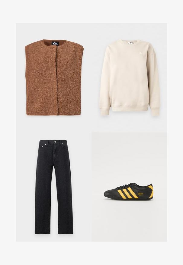 Brun tekstureret ærmeløs vest med trykknapper og rund halsudskæring, lagt fladt på en lys baggrund, der viser forfra.; Beige langærmet sweatshirt med rund hals og ribbet manchetter og kant, med lille hvid Adidas trefoil-logo på venstre bryst.; Sorte, højtsiddende jeans med rette ben og et diskret leopardmønster, frontknap, lynlåslukning og femlomme-design.; Sort lædersportssko med gult tre-stribe design, rund tå, sorte snørebånd og lille logo på siden. Lavprofil silhuet.