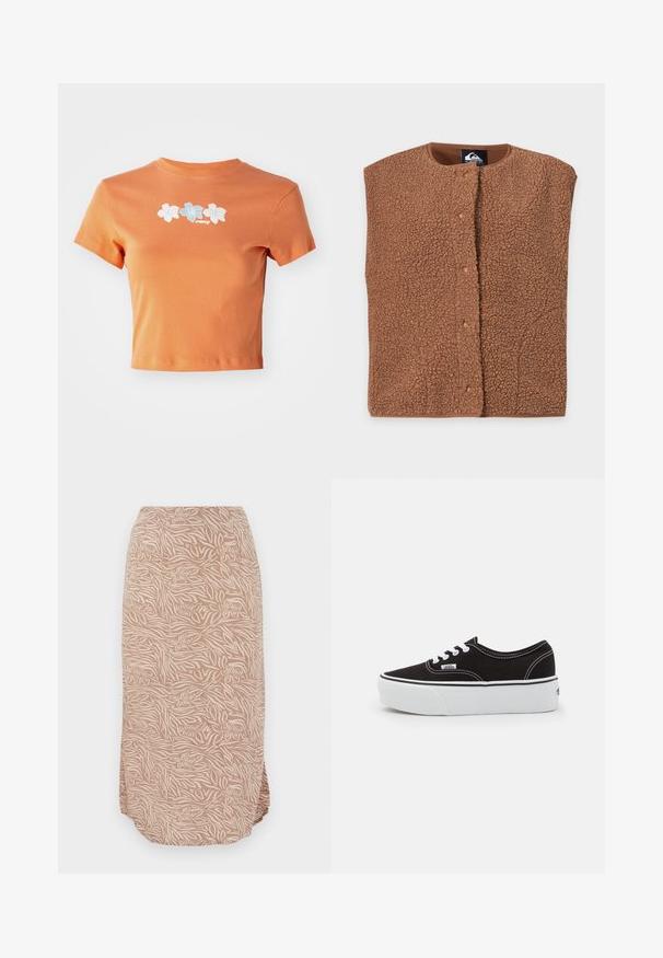 Veste marron texturée sans manches avec boutons-pression et col rond, posée à plat sur un fond clair, vue de face.; T-shirt orange court en coton avec des manches courtes, décoré de fleurs brodées blanches et bleu clair sur le devant.; Jupe beige mi-longue avec un motif abstrait de fleurs et de rayures zèbre, dotée d'un ourlet arrondi et d'un tissu doux et léger.; Baskets en toile noires avec une semelle en caoutchouc blanc, dotées de lacets et de coutures blanches, marquage emblématique sur le côté, design basse.