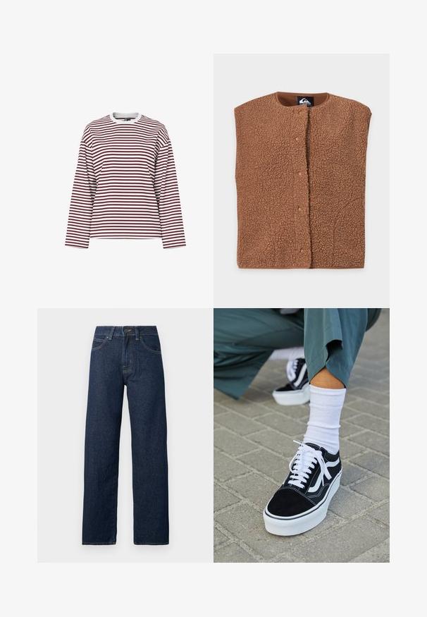 Veste marron texturée sans manches avec boutons-pression et col rond, posée à plat sur un fond clair, vue de face.; Chemise à manches longues rayée en bordeaux et blanc, avec un col rond et une coupe décontractée. Tissu doux avec des rayures horizontales uniformes.; Jean denim bleu foncé à coupe droite, fermeture par bouton avant et fermeture éclair, avec cinq poches, sur fond blanc.; Baskets en suède noir avec des accents et des lacets blancs, présentant une épaisse semelle blanche et des coutures contrastantes, associées à une chaussette blanche.