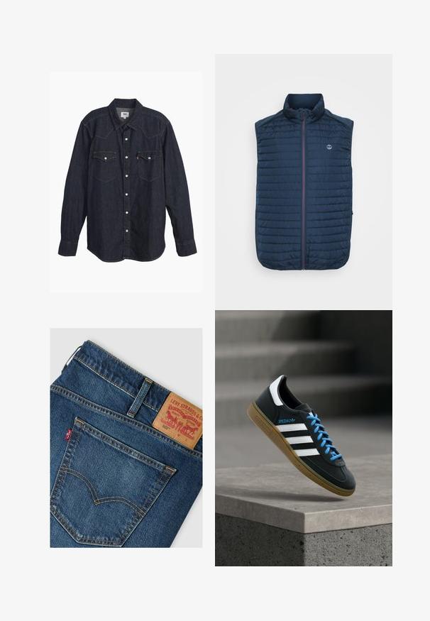 Mørkeblå ærmeløs vest med vandret quiltet tekstur, høj krave, frontlynlås og sidelommer. Har et logo på brystet.; Mørk denim langærmet skjorte med spids krave, to brystlommer, hvide knapper og kontrastfarvet gul syning. Glat, holdbart stof.; Baglomme og linning på blå Levi's 502 jeans med lædermærke og rød Levi's stofmærkat.; Sort Adidas sneaker med hvide striber, blå snørebånd og gummisål, der svæver over gråt betontrin i blødt lys.