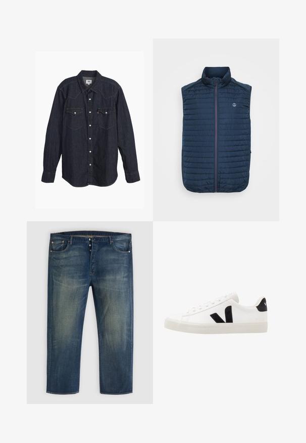 Marineblaue ärmellose Weste mit horizontaler Steppstruktur, hohem Kragen, Frontreißverschluss und seitlichen Taschen. Mit einem Logo auf der Brust.; Dunkelblauses Denim-Hemd mit langen Ärmeln und spitzem Kragen, zwei Brusttaschen, weißen Knöpfen und kontrastierendem gelbem Stich. Glattes, robustes Material.; Blaue Denim-Jeans mit Knopfverschluss, klassischem Fünf-Taschen-Design und verblasstem Detail an Oberschenkeln und Knien.; Weiße Leder-Sneaker mit schwarzen Wildlederelementen; verfügen über eine Gummisohle, eine runde Spitze und ein klassisches Schnürdesign. Seitliches Logo in Schwarz.
