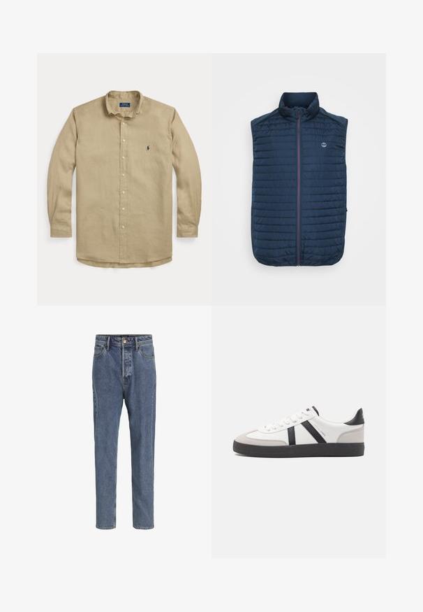 Mørkeblå ærmeløs vest med vandret quiltet tekstur, høj krave, frontlynlås og sidelommer. Har et logo på brystet.; Beige langærmet skjorte med knapper, krave, forreste knapper og lille mørkeblå broderet logo på venstre bryst.; Lyseblå denimjeans med fem lommer, lige ben, knaplukning og bæltestropper, vist mod en ensfarvet baggrund.; Hvide sneakers med sorte og grå detaljer, med en tekstureret grå tåhætte, sort gummisål og flade hvide snørebånd. Rent design, minimalistisk stil.
