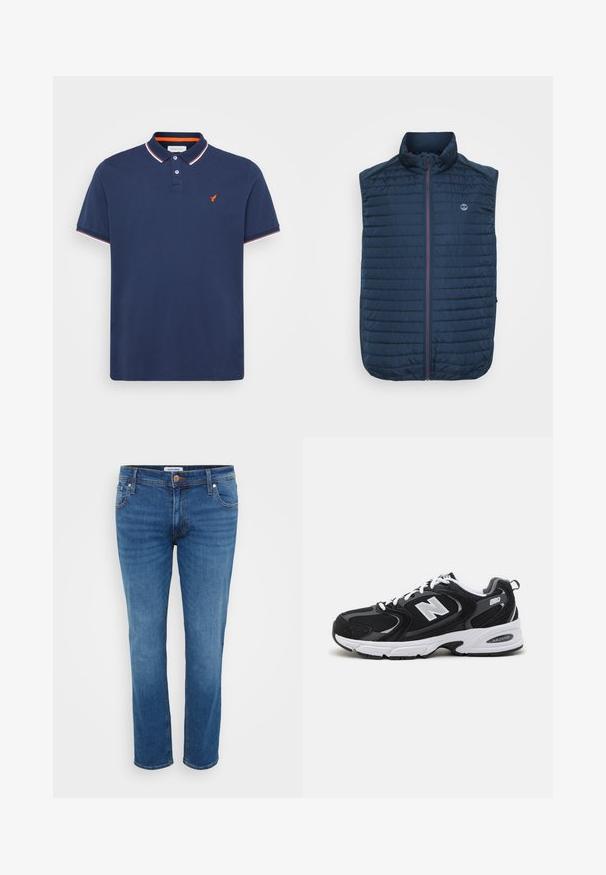 Gilet sans manches bleu marine avec texture matelassée horizontale, col montant, fermeture éclair sur le devant et poches latérales. Présente un logo sur la poitrine.; Polo shirt bleu marine en coton avec une patte de boutonnage à deux boutons, des manches courtes et des finitions de col en rouge et blanc contrastés. Présente un petit logo orange.; Jean en denim de couleur bleu moyen, avec une coupe droite, un style à cinq poches et une fermeture à bouton à la taille.; Baskets de sport noires et grises avec un tige en mesh et en suède, présentant une semelle intermédiaire blanche, des lacets et un logo "N" audacieux sur le côté.