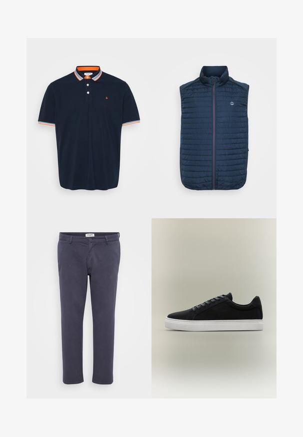 Chaleco sin mangas azul marino con textura acolchada horizontal, cuello alto, cremallera frontal y bolsillos laterales. Presenta un logotipo en el pecho.; Polo de color navy en algodón con cuello que presenta rayas naranjas y grises, tapeta de tres botones y pequeño logo bordado en el pecho.; Pantalones azul marino de tejido suave con corte slim, que cuentan con bolsillos delanteros, cierre de botón y un acabado limpio en el dobladillo.; Zapatilla negra de caña baja con suela de goma blanca, diseño con cordones y cuello acolchado, mostrada sobre un fondo gris neutro.