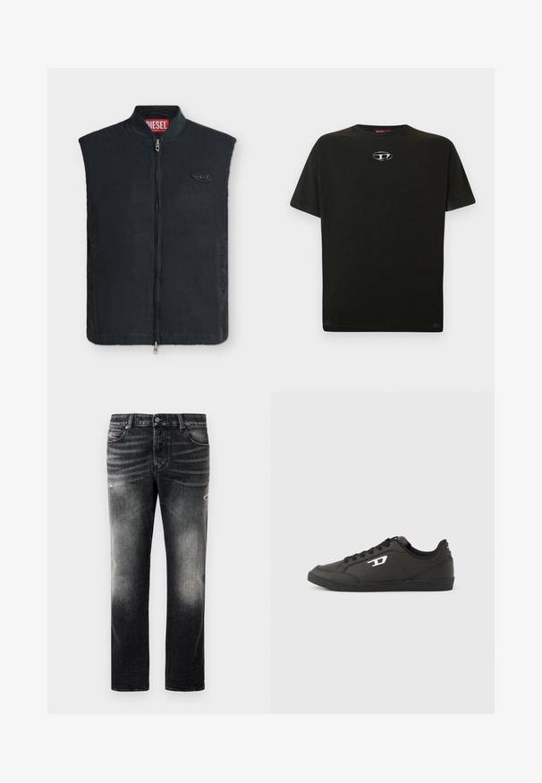 Chaleco negro sin mangas con cremallera frontal, cuello alto, bolsillos laterales y un pequeño logo ovalado en el pecho izquierdo.; Camiseta de algodón negra con mangas cortas, cuello redondo y un pequeño logotipo metálico en el pecho. Textura suave y corte recto.; Jeans negros con acabado desgastado y toques rasgados, diseño estándar de cinco bolsillos y cierre con cremallera. Elaborados en tela de denim.; Zapatillas deportivas negras sintéticas con suela negra texturizada, puntera redonda y cordones planos negros. Destaca un logo blanco en el lateral exterior.