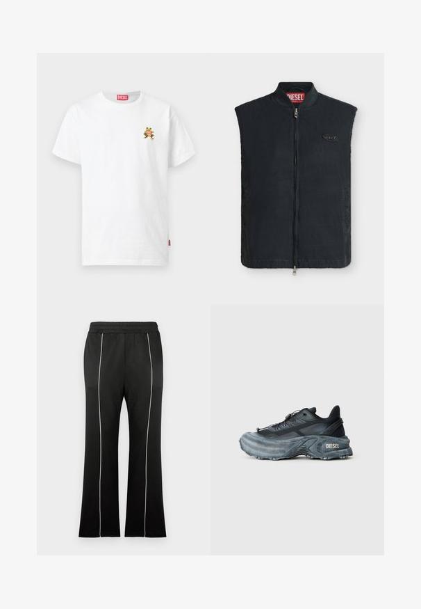 Veste noire sans manches avec fermeture éclair devant, col montant, poches latérales et petit logo ovale sur la poitrine gauche.; T-shirt Diesel blanc à manches courtes avec une petite grenouille colorée tenant un logo Diesel rouge sur le côté gauche de la poitrine.; Pantalon de sport noir avec une taille cintrée, doté de bandes blanches sur les côtés et d'une coupe évasée aux jambes. Fabriqué en tissu doux et extensible.; Baskets Diesel noires et grises avec semelle épaisse, système de laçage à bascule et design texturé sur fond gris clair uni.