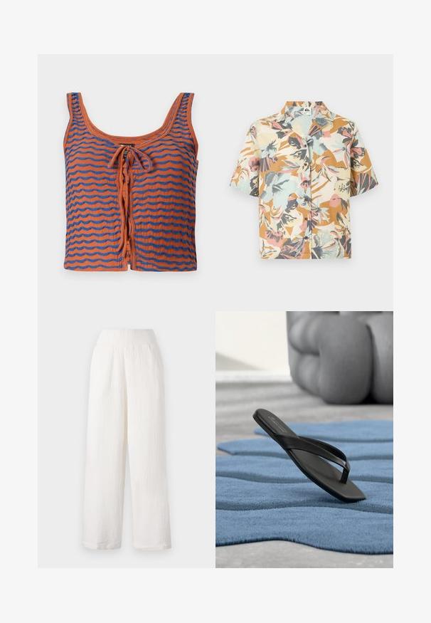 Débardeur en coton orange avec des rayures ondulées bleues, présentant un décolleté rond et un détail noué à l'avant. Texture lisse, design cropped.; Chemise à manches courtes à boutons avec un motif floral multicolore dans des tons de beige, marron, corail, gris et bleu clair.; Pantalons larges blancs en tissu texturé et froissé. Dotés d'une taille élastique et de poches latérales pour plus de commodité.; Une seule tong noire posée sur un tapis bleu texturé, avec un canapé arrondi flou en arrière-plan.