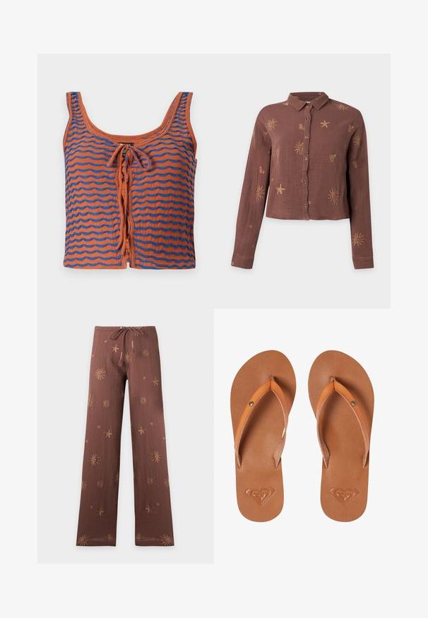 Orange bomulds tanktop med blå bølgede striber, med en scoop halsudskæring og en bindedetalje foran. Glat tekstur, cropped design.; Brun langærmet skjorte med knapper og krave, dekoreret med lyse sol-, søstjerne- og hjerte-mønstre.; Brune vidde bukser med snor i taljen og broderede sol-, søstjerne- og spiral mønstre spredt på stoffet.; Brune syntetiske klipklapper med orange stropper, tekstureret overflade og præget hjerte-logo detalje på sålen.