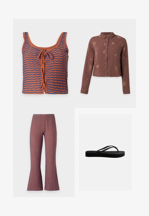Débardeur en coton orange avec des rayures ondulées bleues, présentant un décolleté rond et un détail noué à l'avant. Texture lisse, design cropped.; Chemise marron à manches longues avec col et boutons, décorée de motifs clairs de soleil, d’étoiles de mer et de cœur.; Pantalons évasés à motifs avec un design en vagues orange et bleu, fabriqués en tissu texturé avec une taille élastique pour le confort.; Tongs en caoutchouc noir avec semelle texturée et bride en forme de Y, vues de côté sur un fond clair uni.