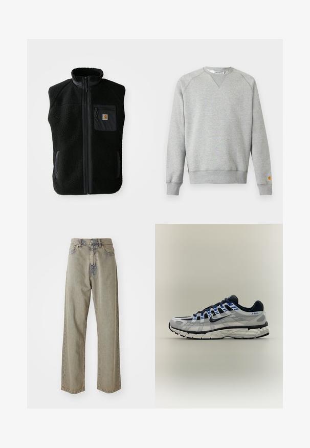 Čierny fleece vest s vysokým golierom, predným zipsom a vreckom na hrudi. Obsahuje textúrovanú tkaninu a bočné vrecká s čiernymi akcentmi.; Svetlosivá mikina s okrúhlym výstrihom, dlhými rukávmi, rebrovanými lemami na rukávoch a spodnom leme a malou nášivkou s logom na ľavom rukáve.; Svetlo šedé široké džínsy vyrobené z denimu, so zosvetlenou textúrou, viditeľným šitím a tradičným zapínaním na gombík a zips.; Svetlošedá a čierna bežecká obuv Nike s modrými akcentmi, bielou podrážkou a textom "P-6000" na bočnej strane päty.