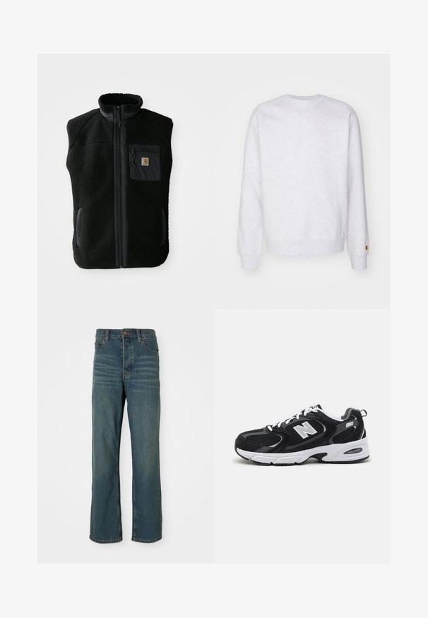Čierny fleece vest s vysokým golierom, predným zipsom a vreckom na hrudi. Obsahuje textúrovanú tkaninu a bočné vrecká s čiernymi akcentmi.; Svetlo šedá mikina s okrúhlym výstrihom, dlhými rukávmi, rebrovanými manžetami a malým logom v blízkosti lemu. Vyrobená z jemného materiálu.; Modré džíny s rovnými nohavicami, obsahujúce päť vreciek, zapínanie na gombík a svetlé zafarbenie na prednej strane.; Čierne a šedé športové topánky s hornou časťou z mikrovlákna a zamatu, s bielou medzipodrážkou, šnúrkami a výrazným logom "N" na boku.