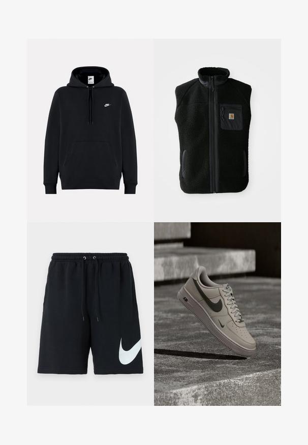 Mustat fliisisatukset, joissa on korkea kaulus, etuvetoketjusulku ja rintatasku. Sisältää teksturoitua kangasta ja sivutaskuja mustilla yksityiskohdilla.; Musta Nike-huppari, jossa edessä tasku, kiristysnyörillä varustettu huppu ja pieni valkoinen Nike-logo vasemmassa rinnassa.; Musta puuvillashortsit, joissa on joustava vyötärö, naru, sivutaskut ja suuri valkoinen Nike-logo painettuna vasemmalle puolelle.; Beige Nike Air Force 1 -lenkkarit, joissa on tummanvihreä Swoosh-logo, kelluvat tekstuurillisten betonisten portaiden yläpuolella himmeässä valaistuksessa.
