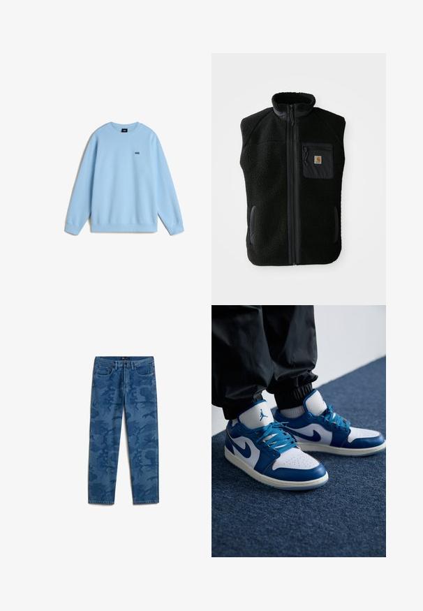 Zwarte fleece vest met hoge kraag, ritssluiting aan de voorkant en een borstzak. Heeft een textuurstof en zijzakken met zwarte accentueringen.; Lichtblauwe sweatshirt van zacht materiaal, met een ronde hals en lange mouwen. Klein zwart "VANS" logo op de borst. Relaxte pasvorm.; Vans CHECK-5 LOOSE CAMO PRINTED - Relaxed fit jeans - medium blue; Nike Air Jordan sneakers hebben een witte leren basis met blauwe synthetische accenten, een geperforeerde neusdoos en blauwe veters.