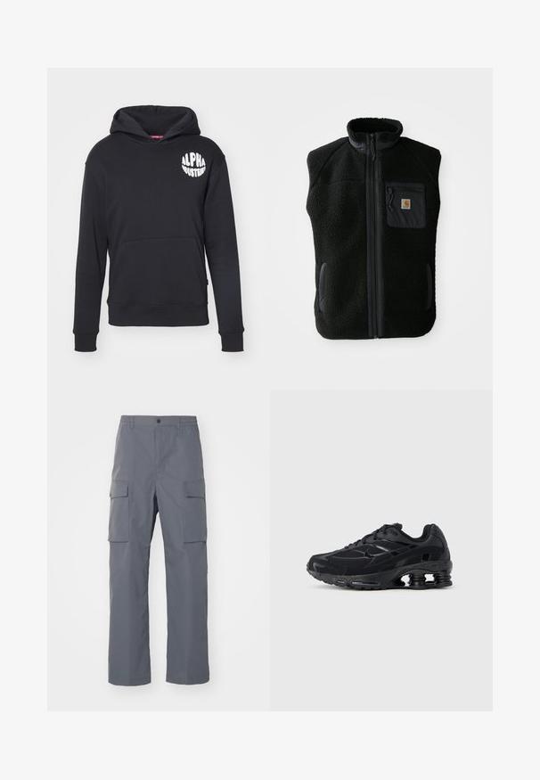 Chaleco de forro polar negro con cuello alto, cierre frontal con cremallera y un bolsillo en el pecho. Presenta un tejido texturizado y bolsillos laterales con detalles en negro.; Sudadera negra hecha de una mezcla de algodón. Cuenta con un bolsillo canguro en la parte frontal, un logo blanco en el lado izquierdo del pecho, y puños y dobladillo de canalé.; Pantalones cargo grises hechos de una tela duradera. Las características incluyen una cinturilla elástica, dos grandes bolsillos laterales y un corte recto.; Zapatilla deportiva negra con parte superior de malla, cuello acolchado y tecnología de amortiguación prominente en el talón. Presenta detalles texturizados y cordones.