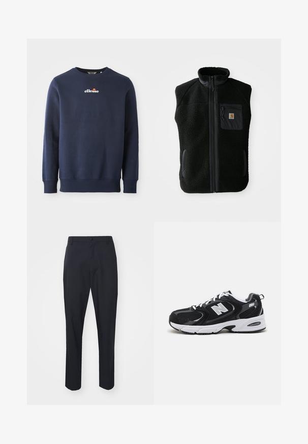 Zwarte fleece vest met hoge kraag, ritssluiting aan de voorkant en een borstzak. Heeft een textuurstof en zijzakken met zwarte accentueringen.; Navyblauwe sweatshirt gemaakt van een zachte stof, met een ronde hals en geribbelde manchetten. Geborduurd "ellesse" logo met gekleurde accenten.; Zwarte broek met een gladde textuur, recht model, knoopsluiting en riemlussen. Geen zichtbare patronen of accenten.; Zwarte en grijze sport schoenen met een bovenwerk van mesh en suede, voorzien van een witte tussenzool, veters en een gedurfde "N"-logo aan de zijkant.