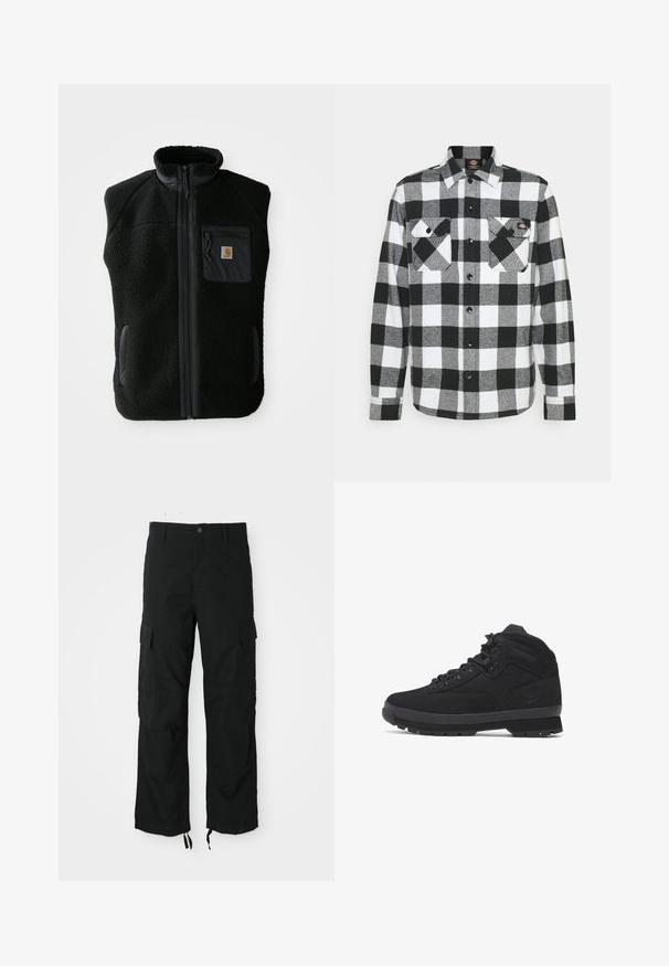 Zwarte fleece vest met hoge kraag, ritssluiting aan de voorkant en een borstzak. Heeft een textuurstof en zijzakken met zwarte accentueringen.; Zwart-witte flanellen blouse met een geruit patroon, voorzien van twee borstzakken, knoopsluiting en een kraag. Zachte, gestructureerde stof.; Zwarte cargobroek van duurzaam materiaal, voorzien van twee zijzakken, een knoopsluiting en verstelbare onderranden voor een losse, comfortabele pasvorm.; Zwarte mid-top wandelschoenen van suede en nylon, met ronde veters, versterkte oogjes en een getextureerde rubberen zool met een patroon.