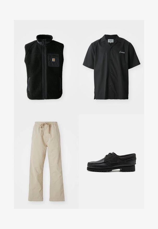 Sort fleece vest med høj krave, lynlåslynlås foran og brystlomme. Har struktureret stof og sidelommer med sorte accenter.; Sort kortærmet skjorte med knapper og campingkrave, med et hvidt broderet logo på brystet og en afslappet pasform.; Beige bomuldsbukser med elastisk talje og snoretræk. Lige ben-design, glat stof og ingen synlige mønstre eller detaljer.; Sort sko med overdel i læder, tekstilaccentuer, runde snørebånd og en tekstureret gummisål. Udstyret med mokkasinsyning og branddetalje.