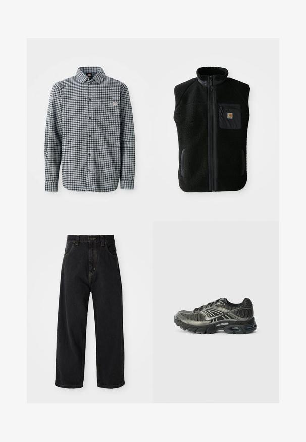 Čierny fleece vest s vysokým golierom, predným zipsom a vreckom na hrudi. Obsahuje textúrovanú tkaninu a bočné vrecká s čiernymi akcentmi.; Košeľa s dlhým rukávom, čiernobiela kockovaná, s golierom a malou logom nášivkou na ľavom vrecku na hrudi.; Čierne denimové nohavice s širokými nohavicami a vysokým pásom, predným gombíkom, zipsom a žltým prešívaním na vreckách a švoch.; Čierna a šedá bežecká obuv Nike s sieťovaným zvrškom, tlmenou podrážkou, viditeľným vzduchovým odpružením a šnúrkami na jednoduchom bielom pozadí.