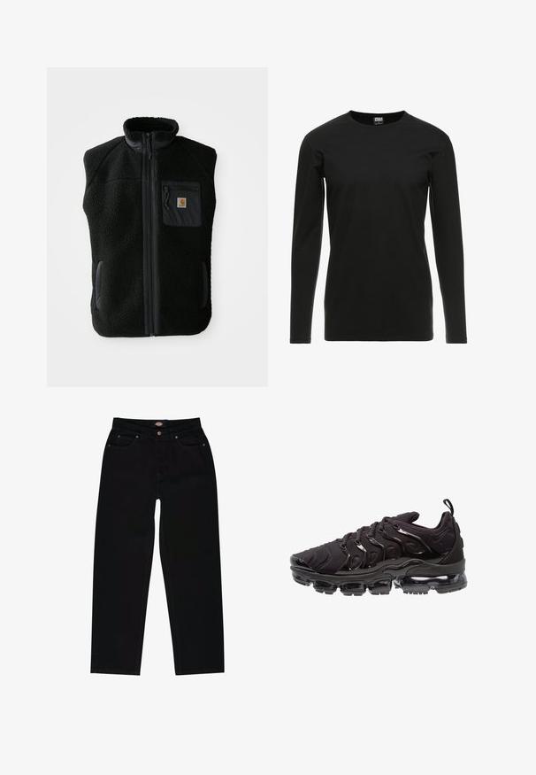Zwarte fleece vest met hoge kraag, ritssluiting aan de voorkant en een borstzak. Heeft een textuurstof en zijzakken met zwarte accentueringen.; Urban Classics STRETCH TERRY - Longsleeve - black; Zwarte denim jeans met een rechte pasvorm, voorzien van vijf zakken, bruine stiksels en een ritssluiting. Laatste textuur en duurzaam materiaal.; Zwarte sportieve schoenen met een gestructureerde stoffen bovenkant, glanzende accenten en een opvallende luchtkussenzool. Bevat duidelijke golfachtige designelementen.