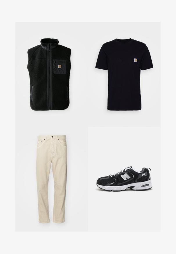 Chaleco de forro polar negro con cuello alto, cierre frontal con cremallera y un bolsillo en el pecho. Presenta un tejido texturizado y bolsillos laterales con detalles en negro.; Camiseta de algodón negra con mangas cortas, cuello redondo y un bolsillo en el pecho que presenta un pequeño parche de logo cuadrado. Diseño simple y sólido.; Pantalones de algodón beige con diseño de pierna recta, cinco bolsillos y acentos de metal. Textura suave con detalles de costura mínimos.; Zapatillas deportivas en negro y gris con parte superior de malla y ante, que cuentan con una entresuela blanca, cordones y un llamativo logo "N" en el lateral.