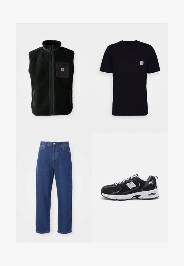 Čierny fleece vest s vysokým golierom, predným zipsom a vreckom na hrudi. Obsahuje textúrovanú tkaninu a bočné vrecká s čiernymi akcentmi.; Čierne bavlnené tričko s krátkymi rukávmi, okrúhlym výstrihom a náprsného vrecka s malou, štvorcovou nášivkou loga. Jednoduchý, jednoliaty dizajn.; Džínsy s vysokým pásom modrej farby vyrobené z denimu, so siluetou rovného strihu, viditeľným šitím a predným zapínaním na gombík.; Čierne a šedé športové topánky s hornou časťou z mikrovlákna a zamatu, s bielou medzipodrážkou, šnúrkami a výrazným logom "N" na boku.