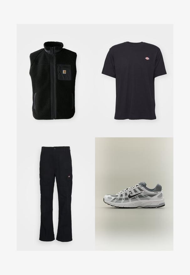 Schwarze Fleeceweste mit hohem Kragen, Frontreißverschluss und Brusttasche. Mit strukturiertem Stoff und Seitentaschen mit schwarzen Akzenten.; Schwarzes T-Shirt mit kurzen Ärmeln und Rundhalsausschnitt, mit kleinem buntem Dickies-Logo auf der linken Brust vor einfarbigem Hintergrund.; Schwarze Cargo-Hose mit geradem Bein, aus strapazierfähigem Stoff gefertigt, mit Seitentaschen und einem aufgenähten Logo auf der linken Seite.; Weißer und grauer Nike P-6000 Sneaker mit schwarzem Swoosh, Netzpaneelen und strukturierter Sohle, seitlich auf neutralem Hintergrund dargestellt.