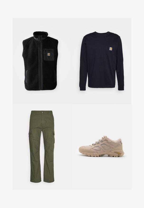 Čierny fleece vest s vysokým golierom, predným zipsom a vreckom na hrudi. Obsahuje textúrovanú tkaninu a bočné vrecká s čiernymi akcentmi.; Dlhý rukáv, tmavomodré tričko vyrobené z bavlny, s vreckom na hrudi a nášivkou loga. Rovný lem a rebrované manžety.; Cargo nohavice v tmavo olivovej farbe, s viacerými bočnými vreckami, rovný strih a odolná tkanina s textúrovaným povrchom.; Béžová športová obuv s textúrovanou sieťovinou na vrchu, syntetickým prekrytím a podrážkou Vibram. Obsahuje systém šnurovania a detaily na bočných paneloch.