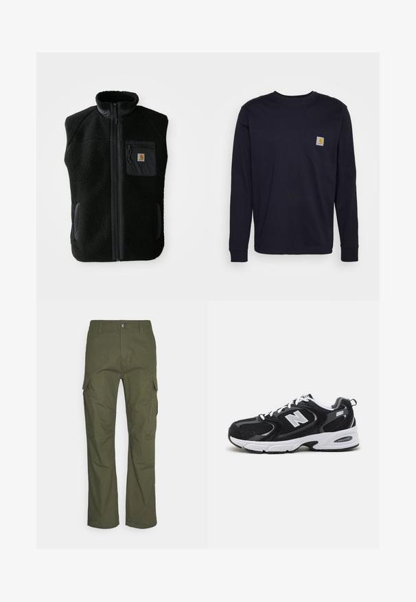 Čierny fleece vest s vysokým golierom, predným zipsom a vreckom na hrudi. Obsahuje textúrovanú tkaninu a bočné vrecká s čiernymi akcentmi.; Dlhý rukáv, tmavomodré tričko vyrobené z bavlny, s vreckom na hrudi a nášivkou loga. Rovný lem a rebrované manžety.; Cargo nohavice v tmavo olivovej farbe, s viacerými bočnými vreckami, rovný strih a odolná tkanina s textúrovaným povrchom.; Čierne a šedé športové topánky s hornou časťou z mikrovlákna a zamatu, s bielou medzipodrážkou, šnúrkami a výrazným logom "N" na boku.