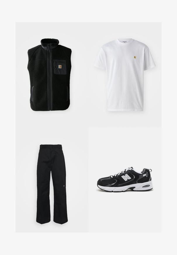 Gilet en polaire noir avec un col haut, fermeture zippée sur le devant et une poche poitrine. Présente un tissu texturé et des poches latérales avec des accents noirs.; T-shirt en coton blanc à manches courtes, col rond, avec un petit logo doré sur la poitrine gauche. Texture douce et coupe régulière.; Pantalon noir en tissu robuste, présentant une coupe droite, des passants pour ceinture et un petit logo sur le côté inférieur.; Baskets de sport noires et grises avec un tige en mesh et en suède, présentant une semelle intermédiaire blanche, des lacets et un logo "N" audacieux sur le côté.