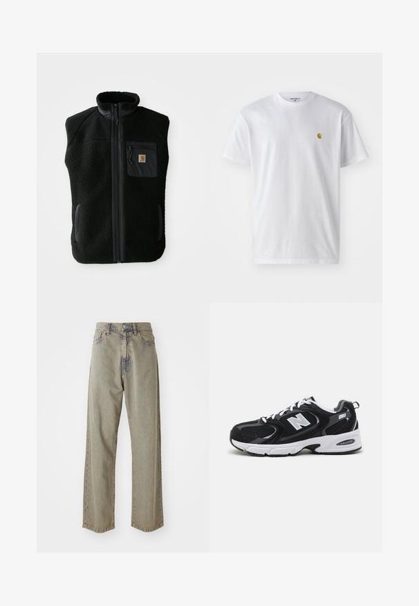 Zwarte fleece vest met hoge kraag, ritssluiting aan de voorkant en een borstzak. Heeft een textuurstof en zijzakken met zwarte accentueringen.; Witte katoenen t-shirt met korte mouwen en ronde hals, voorzien van een klein gouden logo op de linkerkant van de borst. Zachte textuur en een normale pasvorm.; Lichtgrijze wijde spijkerbroek van denim, met een vervaagde textuur, zichtbare stiksels en een traditionele knoop- en ritsclosure.; Zwarte en grijze sport schoenen met een bovenwerk van mesh en suede, voorzien van een witte tussenzool, veters en een gedurfde "N"-logo aan de zijkant.