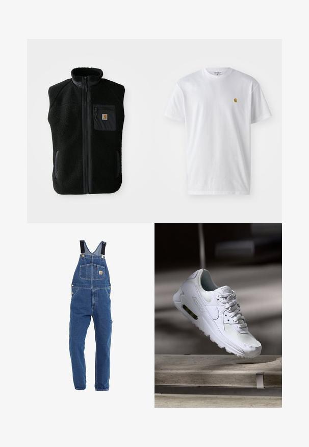 Sort fleece vest med høj krave, lynlåslynlås foran og brystlomme. Har struktureret stof og sidelommer med sorte accenter.; Hvid bomulds t-shirt med korte ærmer, rund hals og et lille guld logo på venstre brystområde. Blød tekstur og almindelig pasform.; Denim overalls i en mellemblå tone, med justerbare sorte stropper, flere lommer og metalhardware detaljer.; Hvide Nike Air Max 90 sneakers med en overdel i mesh og læder, perforeret tåboks og en synlig luftenhed i hælen.