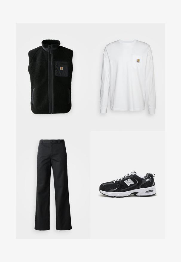 Čierny fleece vest s vysokým golierom, predným zipsom a vreckom na hrudi. Obsahuje textúrovanú tkaninu a bočné vrecká s čiernymi akcentmi.; Biela košeľa s dlhým rukávom vyrobená z bavlny, s náprsné vrecko a štvorcovou nášivkou loga. Jednoduchý dizajn s okrúhlym výstrihom a manžetami.; Čierne široké nohavice z hladkej tkaniny. Obsahujú zapínanie na gombík, pútka na opasok a bočné vrecká. Čistý, strihový silueta.; Čierne a šedé športové topánky s hornou časťou z mikrovlákna a zamatu, s bielou medzipodrážkou, šnúrkami a výrazným logom "N" na boku.