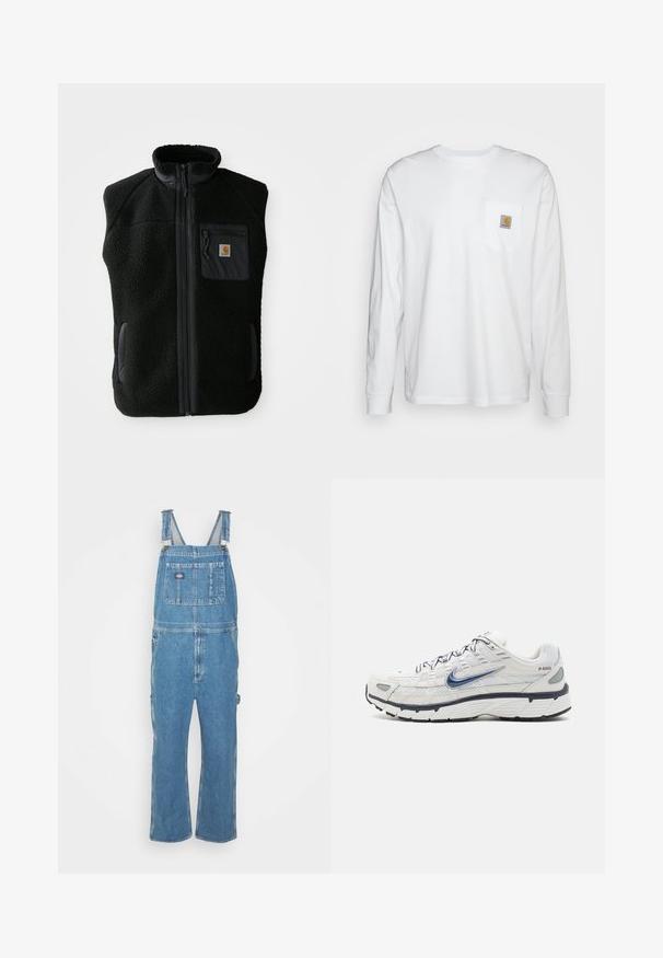 Čierny fleece vest s vysokým golierom, predným zipsom a vreckom na hrudi. Obsahuje textúrovanú tkaninu a bočné vrecká s čiernymi akcentmi.; Biela košeľa s dlhým rukávom vyrobená z bavlny, s náprsné vrecko a štvorcovou nášivkou loga. Jednoduchý dizajn s okrúhlym výstrihom a manžetami.; Džísy v svetlomodrej farbe s nastaviteľnými popruhmi, prednou kapsou a bočnými vreckami. Voľný strih so rovným strihom nohavíc, vyrobené z bavlnenej tkaniny.; Nike Sportswear P 6000 - Tenisky - phantom/obsidian/summit white/white/black/metallic silver