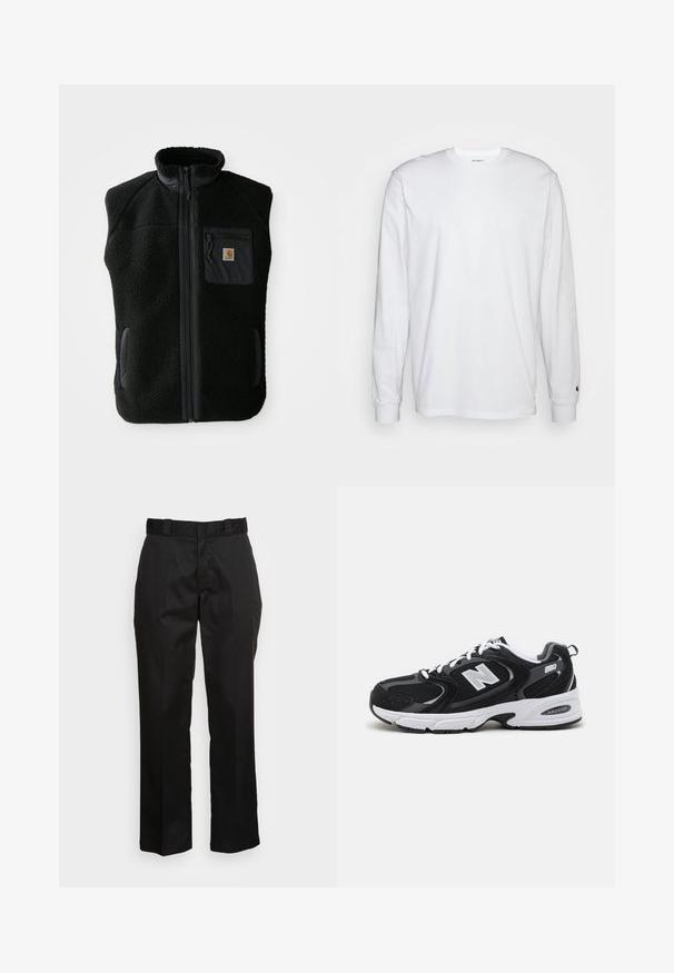 Must värvi fleece vest kõrge kraega, ees lukuga, ja rinnataskuga. Omab tekstureeritud kangast ja küljetaskuid mustade detailidega.; Valge pika varrukaga T-särk, mis on valmistatud puuvillast. Ümmargune kaelus, ribaga mansetid ja väike logo vasakul varrukal. Sile tekstuur.; Mustad püksid, mis on valmistatud siledast kangast, sirge säärega disainiga, vöökummide ja kahe külje taskuga. Klassikaline välimus ilma kaunistusteta.; Must värvi ja hallid spordijalatsid, mille ülemine osa on valmistatud võrgust ja nahast, valge vaheosaga, paeltega ja küljel julge "N" logo.